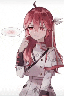 a drawing of a girl with red hair and a speech bubble above her head