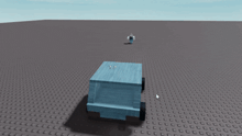 a person in a roblox video game is standing next to a blue vehicle