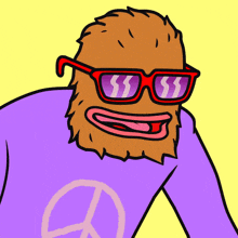 a cartoon character with a beard wearing sunglasses and a peace sign on his shirt