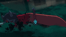 a cartoon character with horns and a red cape holding a large sword