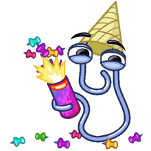 a cartoon character wearing a party hat and holding a can