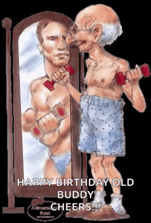 a cartoon of an older man lifting dumbbells in front of a mirror