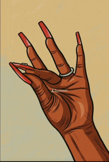 a woman 's hand with long red nails and a ring on her finger