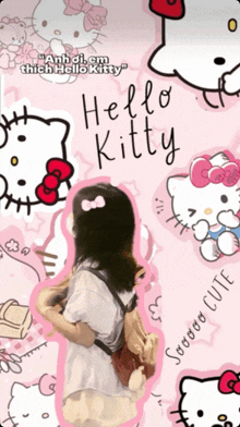 a girl is standing in front of a pink hello kitty wallpaper