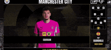 four soccer players are lined up in front of a manchester city banner