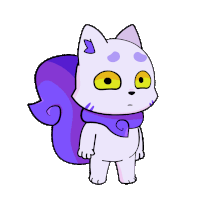 a cartoon cat with a purple tail and a scarf around its neck