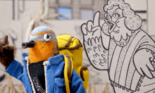 a stuffed bird with a backpack is standing next to a drawing of a woman