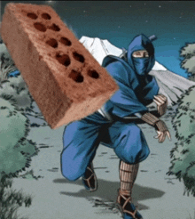 a cartoon of a ninja running with a large brick on his back