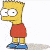 bart simpson wearing a red shirt and blue shoes is standing on a white background .