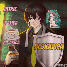 a picture of a man smoking a cigarette and holding a shield with the word blokadica on it