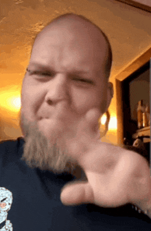 a bald man with a beard is giving a peace sign