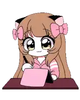 a cartoon of a girl sitting at a table with a tablet