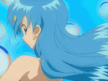 a girl with blue hair and white gloves holds a pink heart
