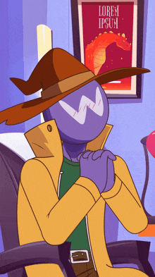 a cartoon character sitting in front of a lorem ipsum sign