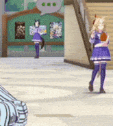 two anime girls are standing next to each other in a hallway .