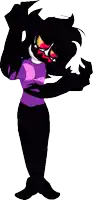 a cartoon character with a purple shirt and black pants is standing in a silhouette .