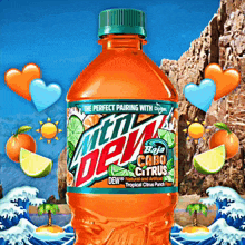 a bottle of mtn dew baja cabo citrus is surrounded by tropical fruits
