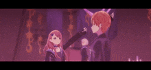 a couple of anime characters standing next to each other in a dark room