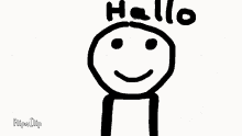 a black and white drawing of a stick figure with the words hello written on it
