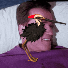 a man is laying in bed with a bird on his face