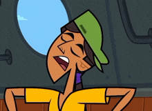 a cartoon character wearing a yellow shirt and a green hat with the number 1 on it