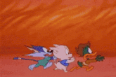 three cartoon characters are running through a tunnel of tall grass