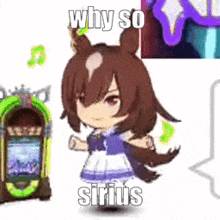 a little girl with a horse 's head is standing next to a jukebox and says `` why so sirius '' .