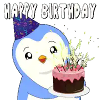 a penguin wearing a party hat is holding a birthday cake and blowing out the candles