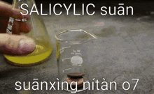 a glass beaker with the word salicylic on it