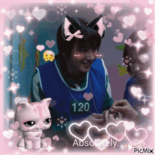 a picture of a girl wearing a cat ear headband and the number 120