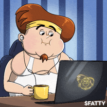 a cartoon of a fat man sitting in front of a laptop with the word fatty on it