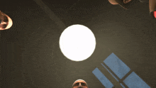 a group of men are looking up at a white light
