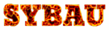 the word sybau is written with flames on it