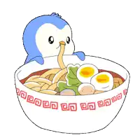 a blue penguin is eating noodles from a bowl
