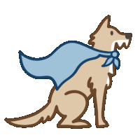 a cartoon dog wearing a blue cape is sitting down