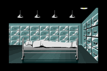 a computer generated image of a person laying in a hospital bed surrounded by drawers