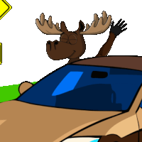 a cartoon moose is driving a car with its head out the window
