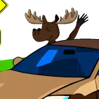 a cartoon moose is driving a car with its head out the window