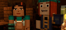 two minecraft characters standing next to each other with one wearing a blue hat