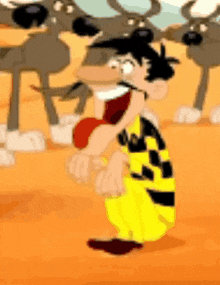 a cartoon character is kneeling down in front of some animals