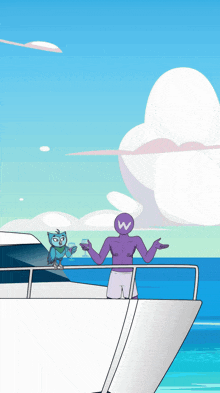 a cartoon drawing of a man and an owl on a boat with the letter w in the background