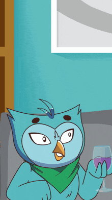 a cartoon owl with a green scarf around its neck holds a glass of wine