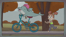 a dolphin wearing a pink helmet is riding a blue bike