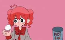a girl with red hair is standing next to a dust box on a pink background