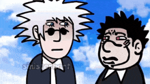 a cartoon of two men standing next to each other with a blue sky in the background and the word shistenbart on the bottom right