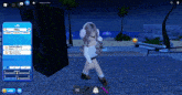 a girl in a video game is standing in front of a large speaker that says tell on it