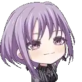 a chibi anime girl with purple hair and a striped shirt is smiling .