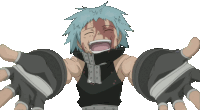 a cartoon character with blue hair and black gloves is smiling