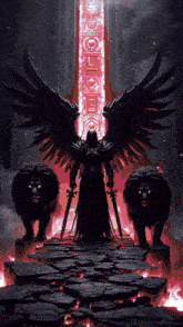 a man with wings and a sword stands in front of two lions with glowing eyes