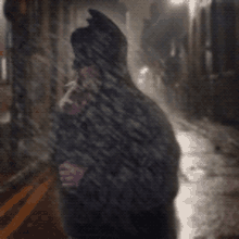 a person in a hooded jacket is walking down a street in the rain